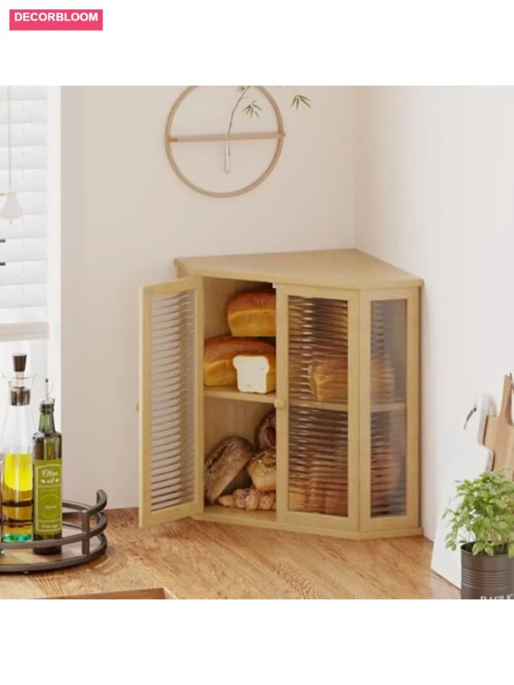 Corner Bread Box - Wood with Glass Door, Large Kitchen Countertop Storage for